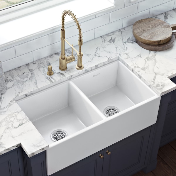 Ruvati 33"x18" Fireclay Farmhouse Apron-Front Kitchen Sink Double Bowl, Wht RVL2311WH - main